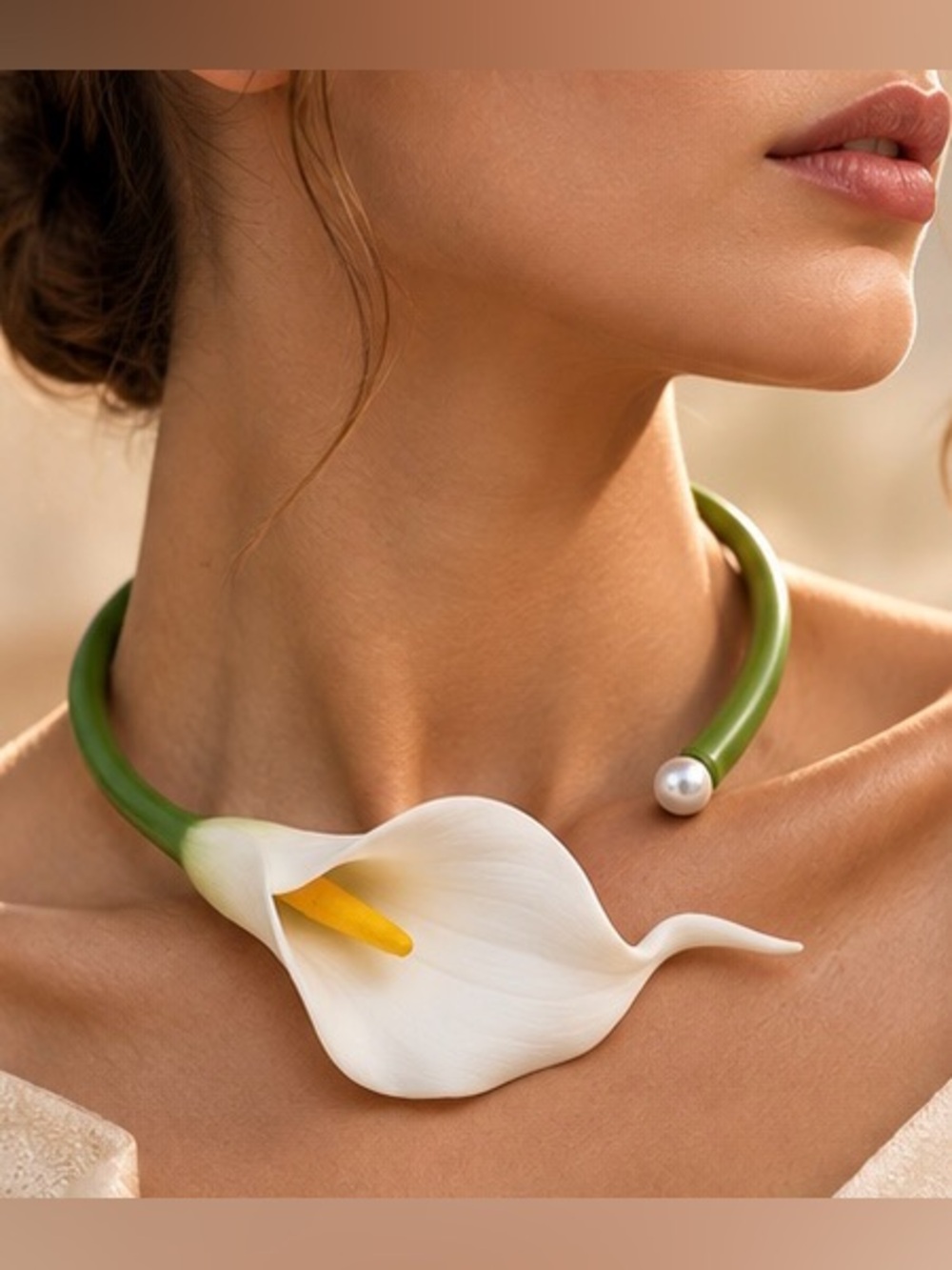 White Calla Lily Statement Necklace Green Floral Collar Pearl Accent Jewelry
